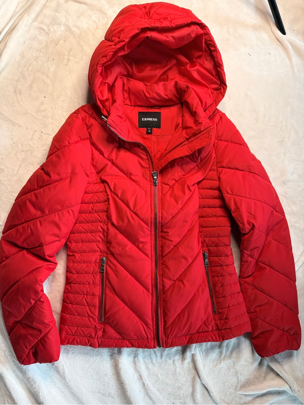 Express Red Quilted Hooded Puffer Jacket